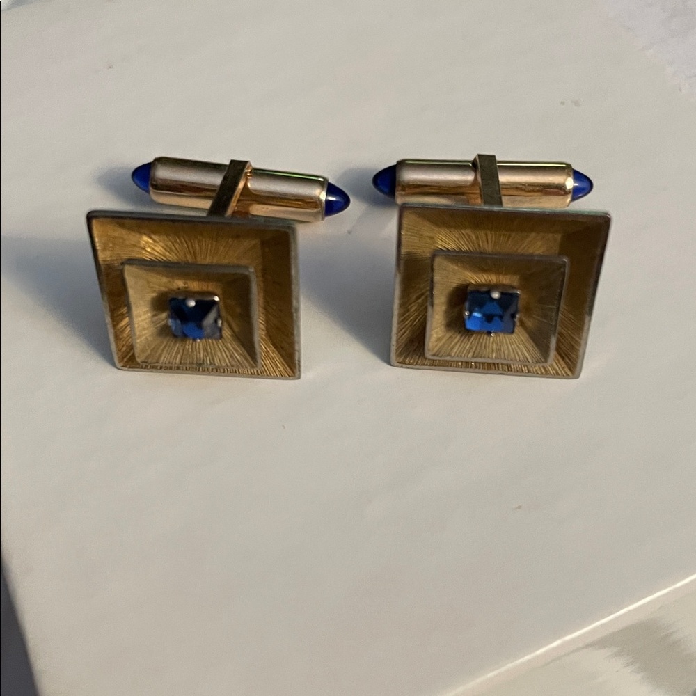Krementz Gold tone and Blue Tone Square Rhinestone Circa 1950 Cufflinks